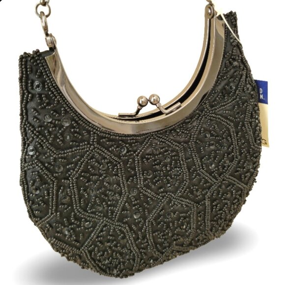 Glam  It Up With This Hillard & Hanson Black Beaded Evening Bag NWT! - Picture 5 of 12